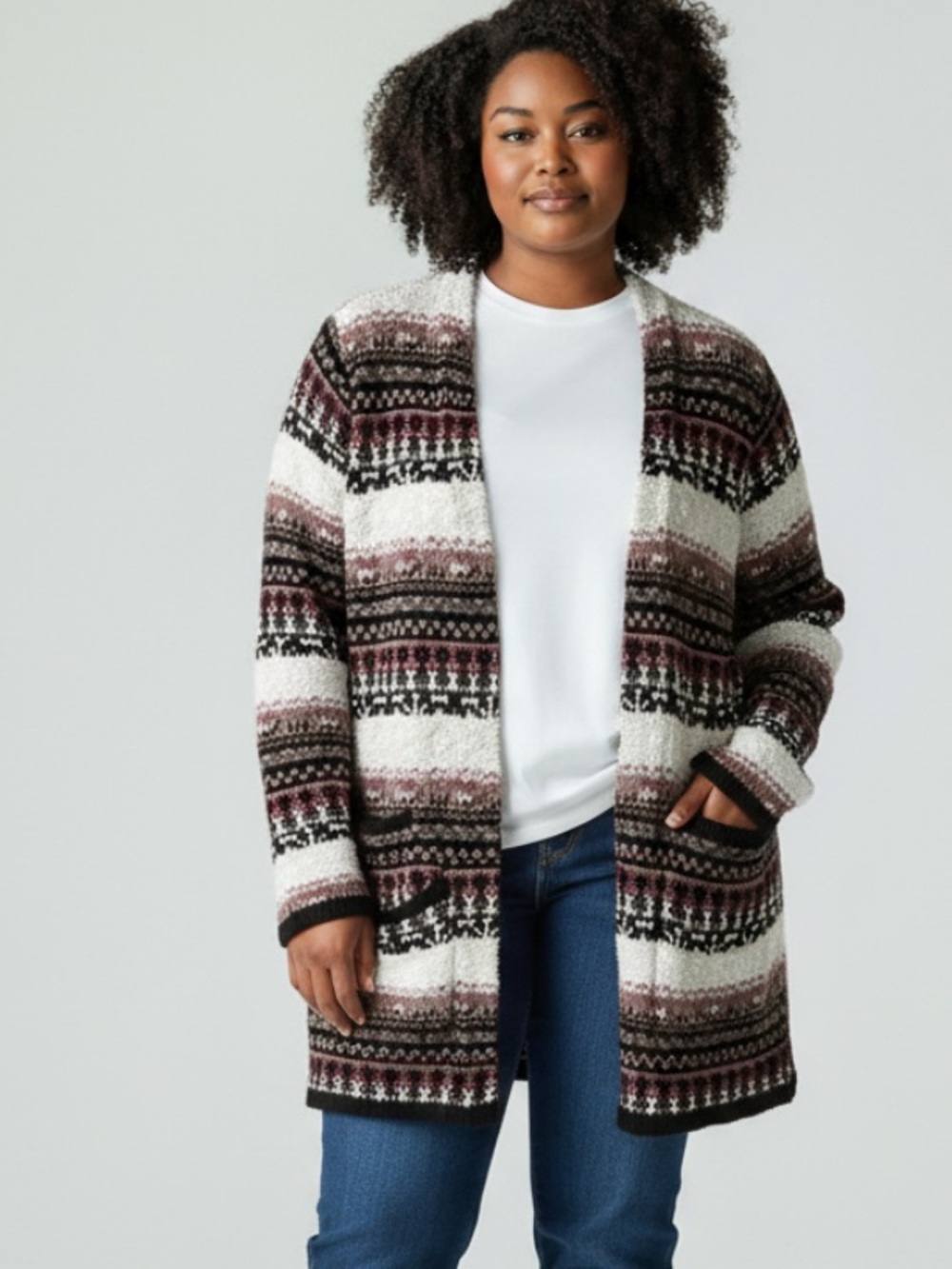 Bob Timberlake Open-Front Knit Cardigan Sweater - White & Burgundy